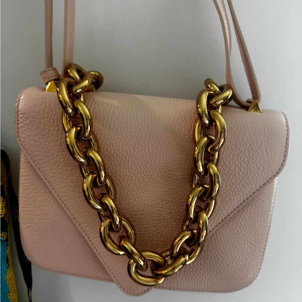 Bottega Veneta Powder Pink Leather Crossbody with Chunky Gold Chain